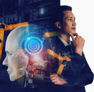 mix de imagens executivo, cabeça robótica e braço mecãnico