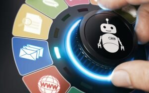 ilustração botão de girar com várias opções e uma robo ao centro 