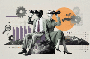 ilustração de umhomem e uma mulher sentados com binóculos cada um olhando para o lado contrário do outro , demonstra visão diferente de cada personagem