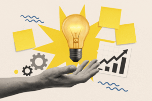 ilustração digital: mão aberta segurando uma lãmpada simbolizando ideias de desenvlvimento e criação