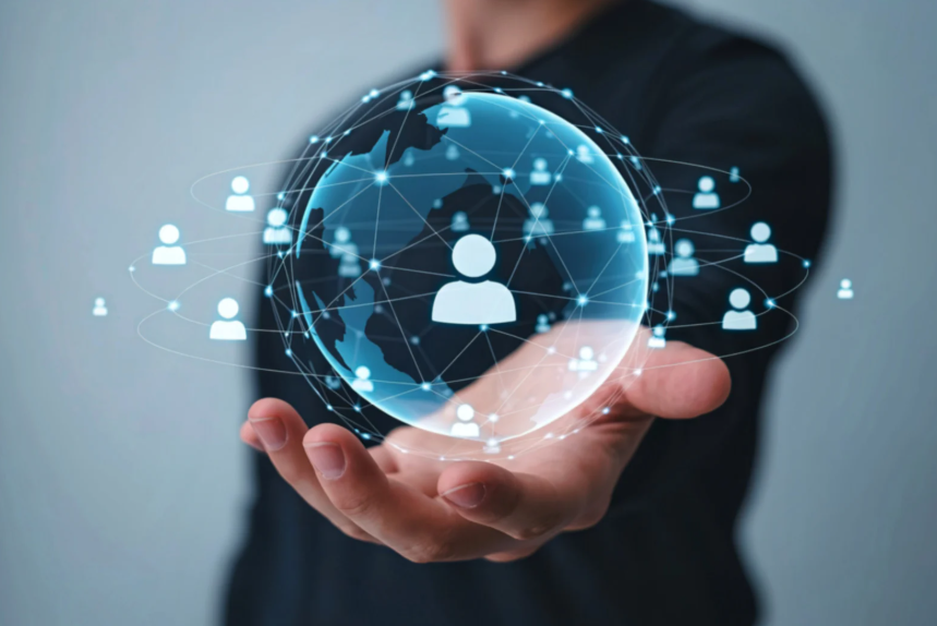 ilustração mão de executivo exibindo um holograma com ícone de pessoa