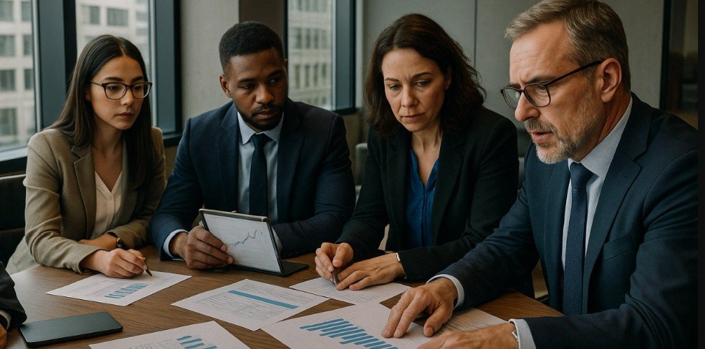 Pessas em torno de uma mesa em reunião de negócios
