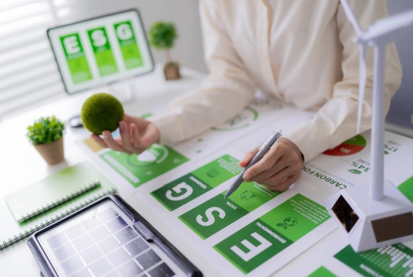 ilustração e foto sobre a mesa um cartaz com as letras E S G