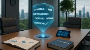 mesa de reunião com holograma de palavras relacionadas a estragégia empresarial