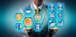 Imagem e ilustração de um executivo de terno de mãos espalmadas de onde surgem diversos simbolos e gráficos